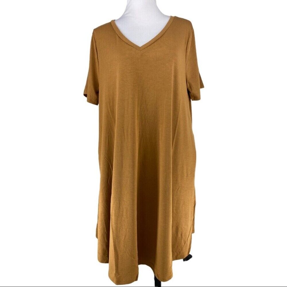 Zenana Premium Camel Brown V-Neck Short Sleeve Jersey T-Shirt Midi Dress 2X NEW - Picture 2 of 9